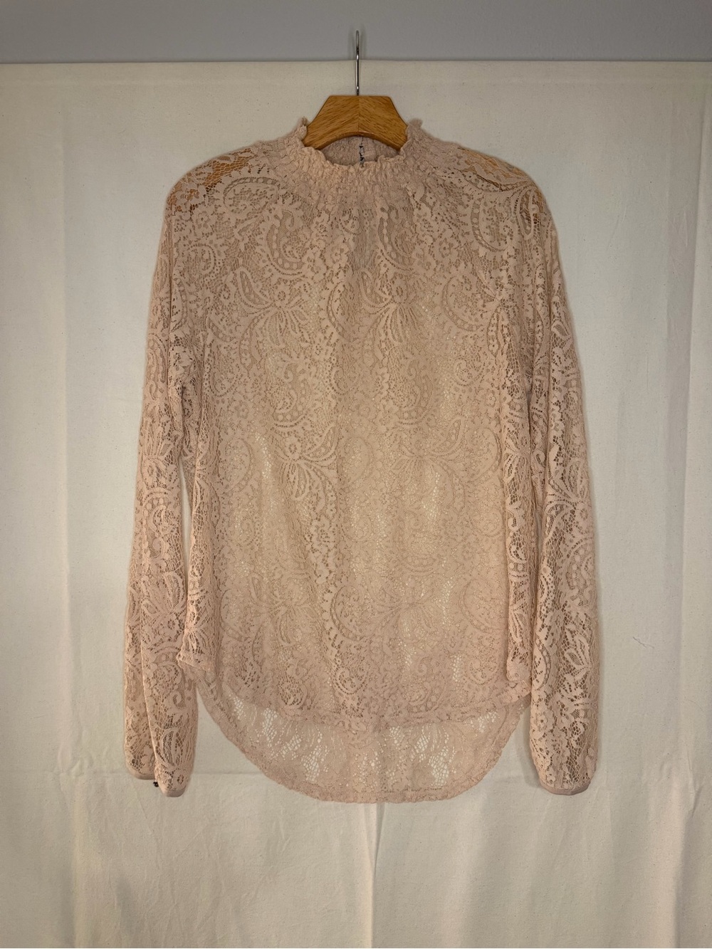 Women’s Sheer Lace Long-Sleeve Mock Neck Top in Neutral Beige